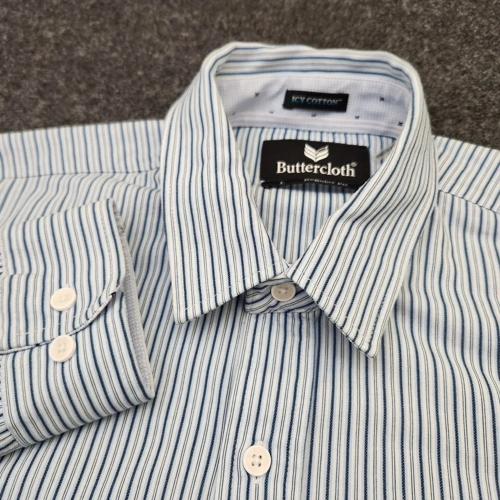 Buttercloth Mens Large Blue White Striped Icy Cotton Regular Fit Button Up Shirt